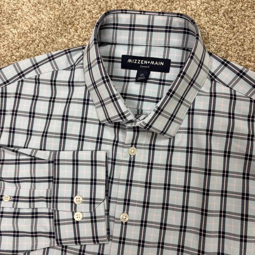 Mizzen+Main Leeward Dress Shirt Mens Large Light Blue Plaid Trim Fit 1WS-0508